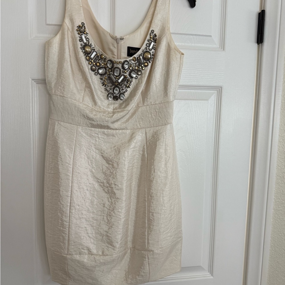 Laundry By Shelli Segal Cream Mini Dress with Embellished Neckline